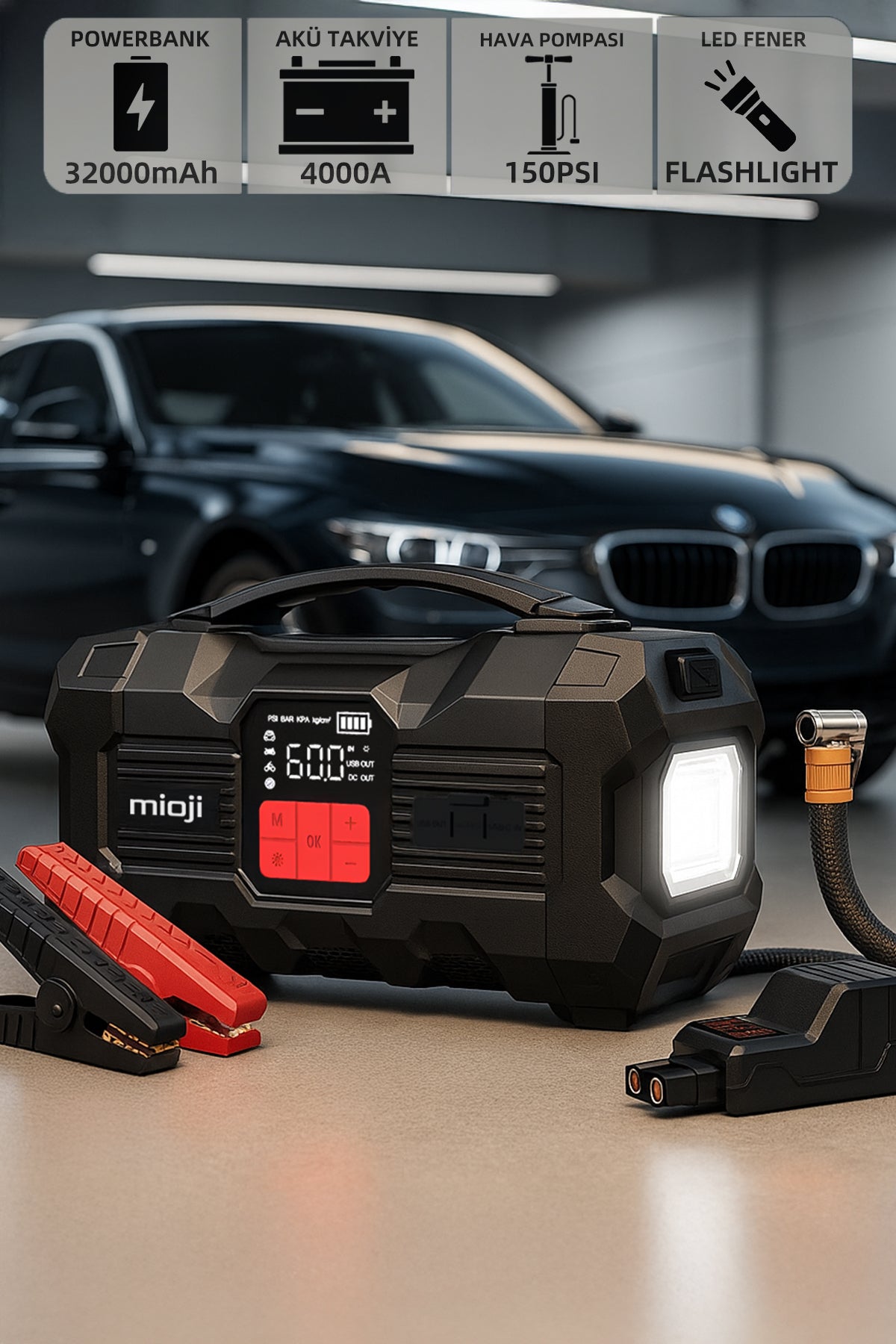 miyo Mio 20 Pro 4000A 32000mAh Akü Takviye+Hava Pompası+LED Fener+
