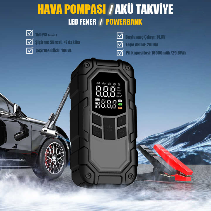 Mio D8H Plus Akü Takviye+Hava Pompası+LED Fener+Powerbank