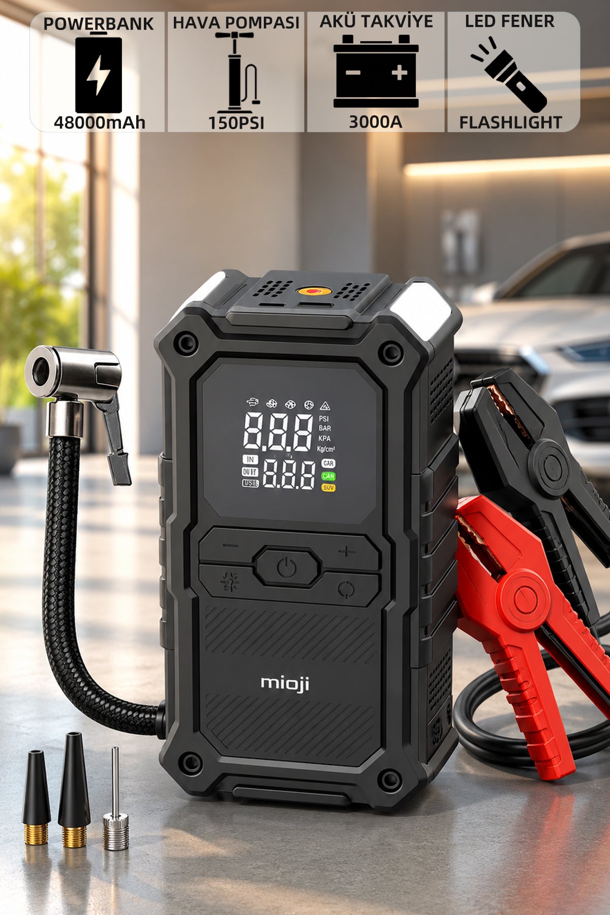 Mioji D8H Premium 4in1 48000mAh 3000A Akü Takviye + Hava Pompası + Led Fener + Powerbank