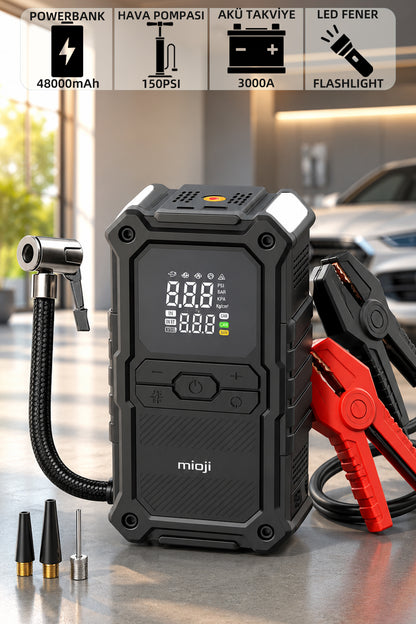 Mioji D8H Premium 4in1 48000mAh 3000A Akü Takviye + Hava Pompası + Led Fener + Powerbank