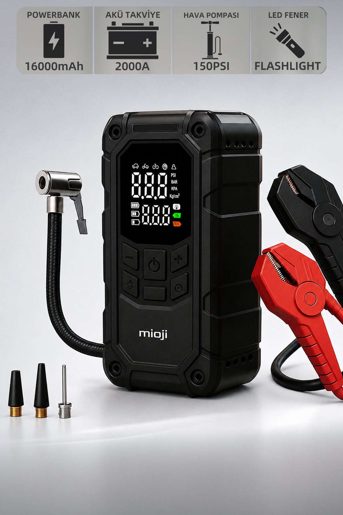 Mioji D8H Plus 2000A 16000mAh Akü Takviye+Hava Pompası+LED Fener+Powerbank